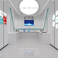 Modern Style Exhibition Hall Interior With White Walls Circular Lighting Service Desk And Hexagonal Panels