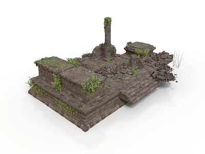 Ancient Ruins Structure With Stone Steps Blocks Weeds And Vines 3d model