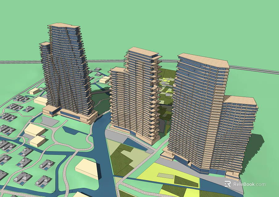Modern High Rise Buildings in Urban Landscape With Green Spaces Waterway and Roads 3d model 