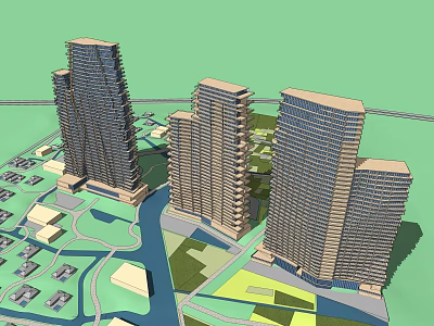 Modern High Rise Buildings in Urban Landscape With Green Spaces Waterway and Roads 3d model