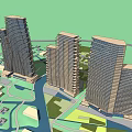 Modern High Rise Buildings in Urban Landscape With Green Spaces Waterway and Roads