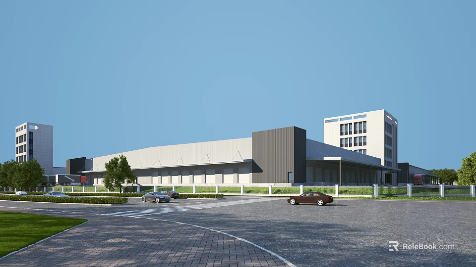 Modern Industrial Factory Exterior With Gray White Building Parking Lot Cars Green Lawn And Trees 3d model 