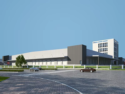 Modern Industrial Factory Exterior With Gray White Building Parking Lot Cars Green Lawn And Trees 3d model