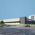 Modern Industrial Factory Exterior With Gray White Building Parking Lot Cars Green Lawn And Trees