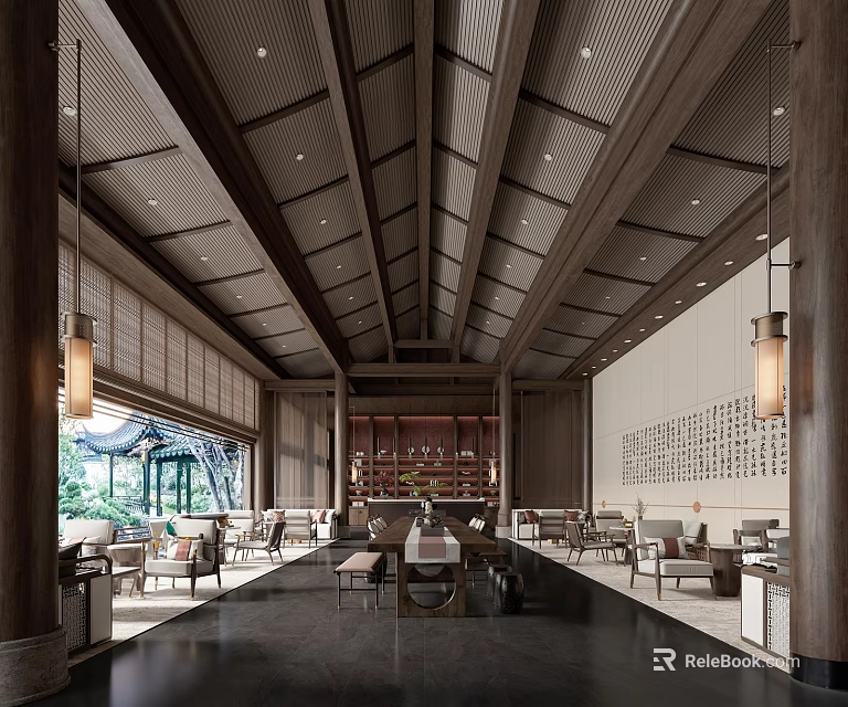 Chinese Leisure Area With Wooden Roof Pendant Lights Tables Chairs Courtyard View And Calligraphy Decorations 3d model 
