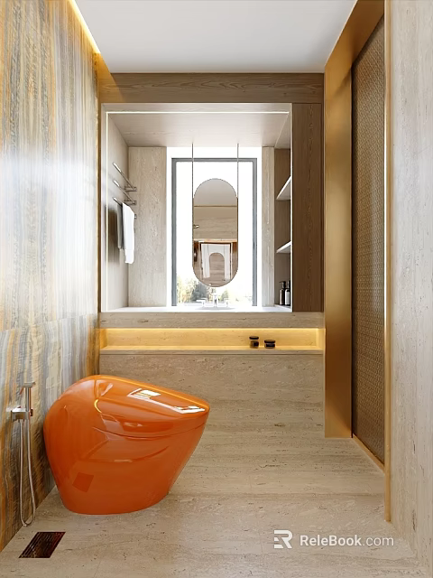 Modern Bathroom Interior With Orange Toilet Marble Countertop Recessed Lighting Mirror And Open Shelves 3d model 
