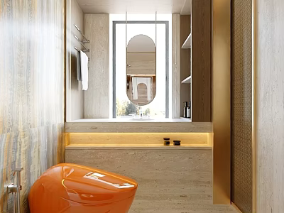 Modern Bathroom Interior With Orange Toilet Marble Countertop Recessed Lighting Mirror And Open Shelves 3d model
