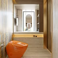 Modern Bathroom Interior With Orange Toilet Marble Countertop Recessed Lighting Mirror And Open Shelves