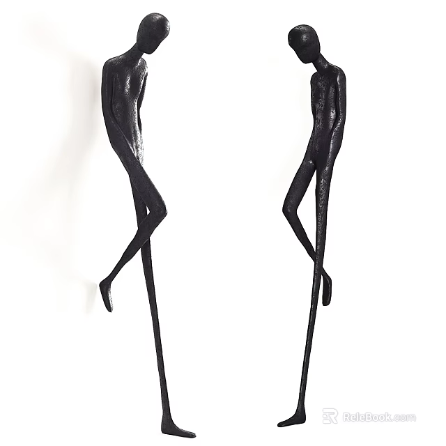 Black Human Shaped Dolls with Slender Bodies Crossed Legs Standing and Long Stick Supports 3d model 