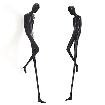 Black Human Shaped Dolls with Slender Bodies Crossed Legs Standing and Long Stick Supports 3d model