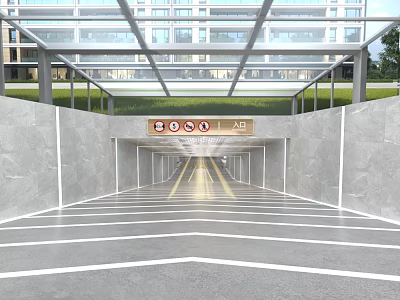 Urban Road Infrastructure Tunnel Entrance With Glass Roof Lane Markings And Traffic Signs 3d model