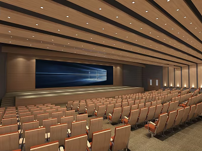 Spacious Conference Room With Rows Of Seats Large Screen And Wooden Ceiling 3d model