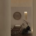 Rattan Lounge Chair In Minimalist Interior With Beige Wall Decorative Wooden Plate And Vase
