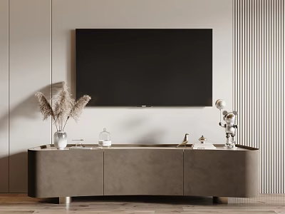 Elegant Modern TV Stand With Wall Mounted TV And Decorative Items On Top 3d model