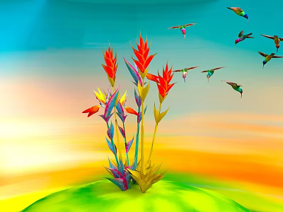 Colorful Plants With Red Yellow Purple Flowers And Hummingbirds Flying In Gradient Sky Green Grass 3d model