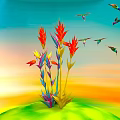 Colorful Plants With Red Yellow Purple Flowers And Hummingbirds Flying In Gradient Sky Green Grass