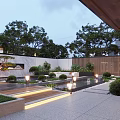 Modern Courtyard Garden Landscape With Lush Green Plants Water Pond Outdoor Lighting And Stone Walls