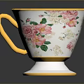 Decorative Ceramic Cup With Yellow Rim White Body Pink Rose Patterns And Yellow Handle