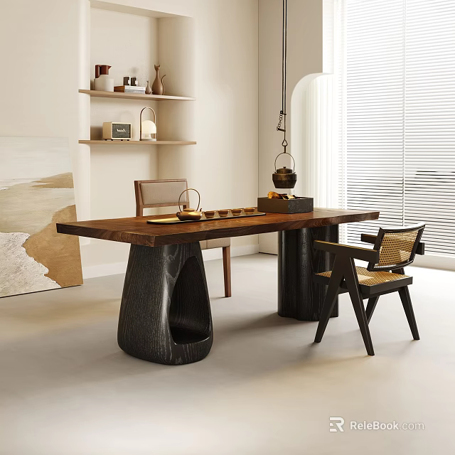 Solid Wood Tea Table And Chairs With Tea Sets In Natural Style Modern Interior Design 3d model 
