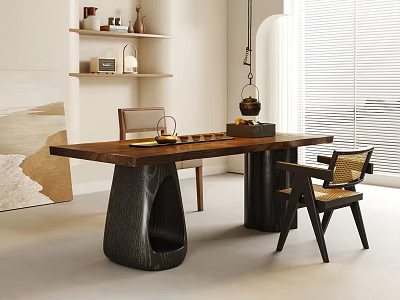 Solid Wood Tea Table And Chairs With Tea Sets In Natural Style Modern Interior Design 3d model