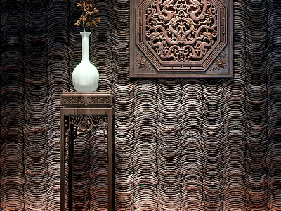 Traditional Decorative Ornament Combination With White Vase Carved Wooden Panel On Carved Table 3d model