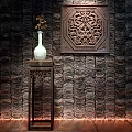 Traditional Decorative Ornament Combination With White Vase Carved Wooden Panel On Carved Table