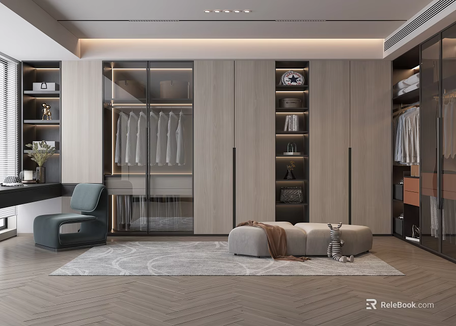 Modern Walk in Closet Design with Hanging Clothes Storage Shelves and Seating Area 3d model 