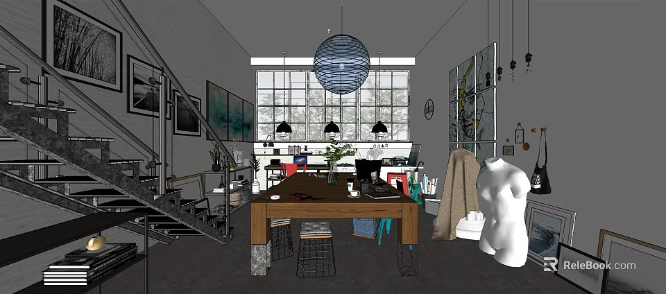 Spacious Modern Public Office Space With Large Windows Pendant Lights And Art Decorations 3d model 
