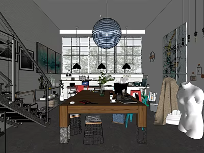 Spacious Modern Public Office Space With Large Windows Pendant Lights And Art Decorations 3d model