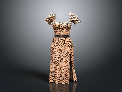 Stylish Leopard Print Dress With Puffed Sleeves Fitted Waist Belt And Side Slit Hem 3d model
