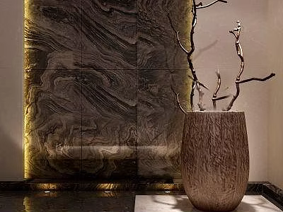 Indoor Decorative Dry Branches In Wooden Vase With Marble Background Wall Lighting 3d model