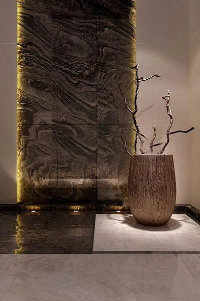 Indoor Decorative Dry Branches In Wooden Vase With Marble Background Wall Lighting 3d model