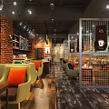Warm Café Interior With Brick Wall Bookshelves Framed Paintings And Cozy Seating