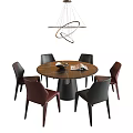 Modern Round Dining Table With Six Black Red Leather Chairs And Pendant Light 3d model