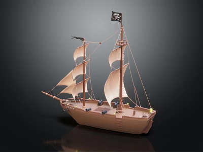 Wooden Pirate Ship Model With White Sails And Black Flag On Dark Background 3d model