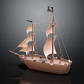 Wooden Pirate Ship Model With White Sails And Black Flag On Dark Background