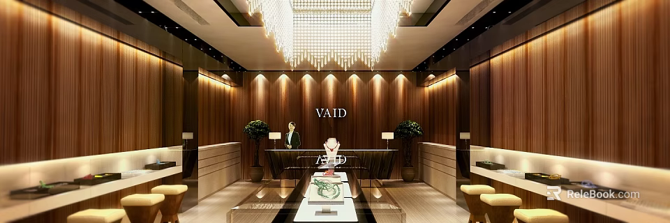 Jewelry Store Interior Design With Crystal Chandelier Wooden Panel Walls And Glass Display Cases 3d model 