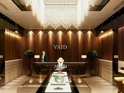 Jewelry Store Interior Design With Crystal Chandelier Wooden Panel Walls And Glass Display Cases 3d model