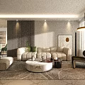 Modern Living and Dining Room Interior With Beige Sofa Marble Coffee Table and Artwork