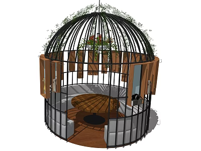 Cage Shaped Public Chair Structure With Iron Frame And Green Plants 3d model