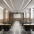 Modern School Classroom With Neatly Arranged Desks Chairs Projector Wooden Walls And Windows