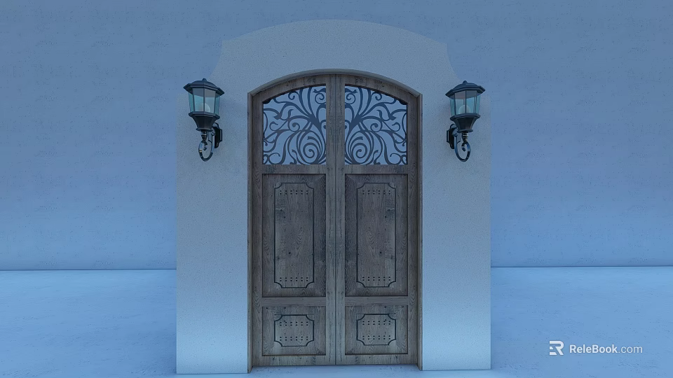 Classic Entrance Gate With Wooden Double Doors Wrought Iron Grille And Wall Mounted Lanterns 3d model 
