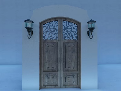 Classic Entrance Gate With Wooden Double Doors Wrought Iron Grille And Wall Mounted Lanterns 3d model