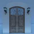 Classic Entrance Gate With Wooden Double Doors Wrought Iron Grille And Wall Mounted Lanterns