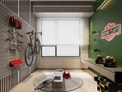 Indoor Sports Equipment Display With Wall Mounted Bicycle Red Black Helmets And Storage Tools 3d model