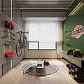 Indoor Sports Equipment Display With Wall Mounted Bicycle Red Black Helmets And Storage Tools
