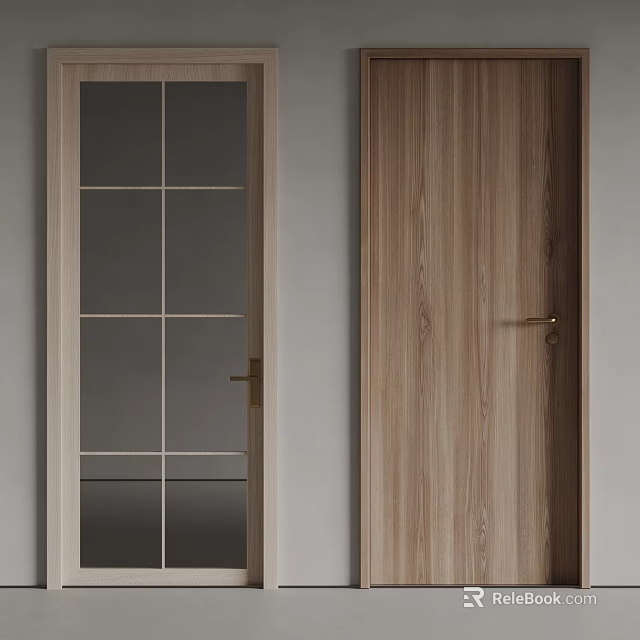 Modern Wooden Swing Door With Glass Grid Panel And Gold Handle Design 3d model 