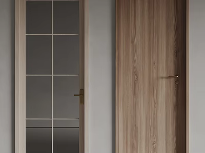 Modern Wooden Swing Door With Glass Grid Panel And Gold Handle Design 3d model