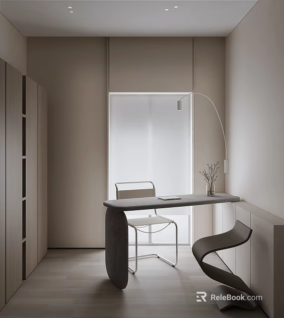 Minimalist Modern Study Room Interior Design With Desk Chair Floor Lamp Cabinets And Window 3d model 