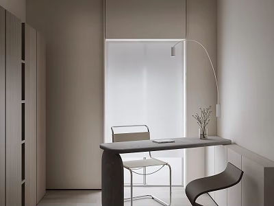 Minimalist Modern Study Room Interior Design With Desk Chair Floor Lamp Cabinets And Window 3d model